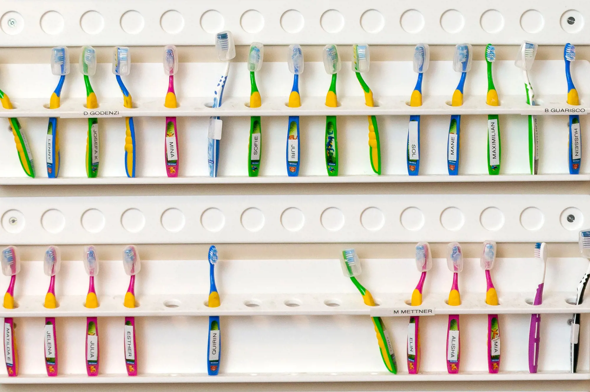 Viele bunte Zahnbürsten hängen neben- und untereinander an einer Wand.