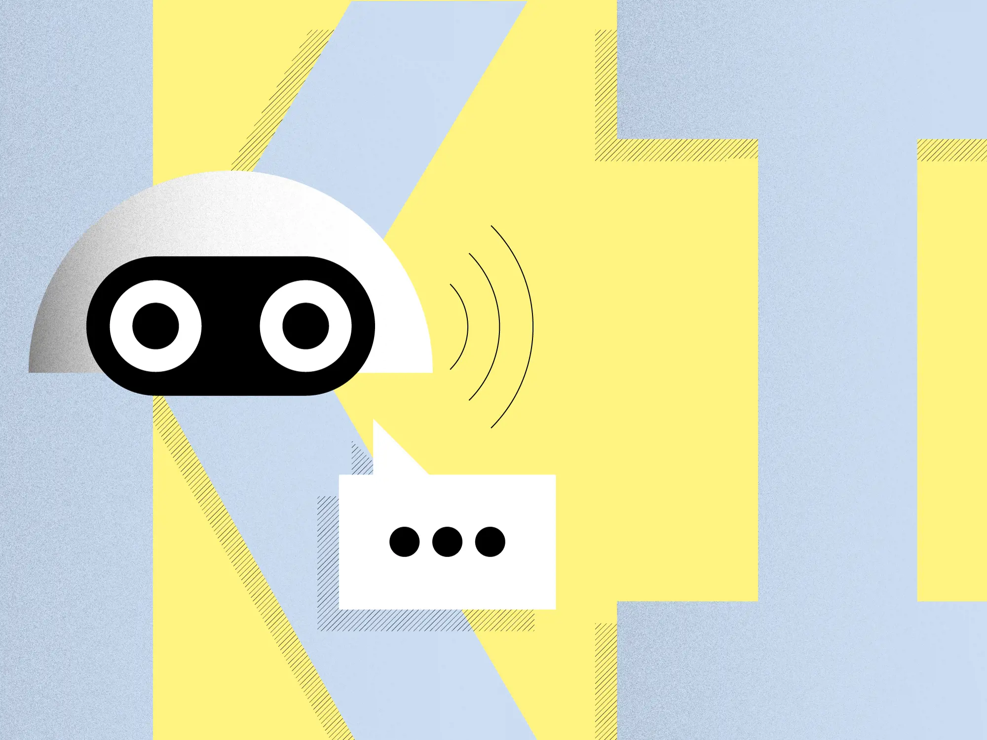 Die Illustration zeigt im Hintergrund die Buchstaben KI und davor einen stilisierten Roboter-Kopf mit einer Sprechblase, die ein Auslassungszeichen enthält.