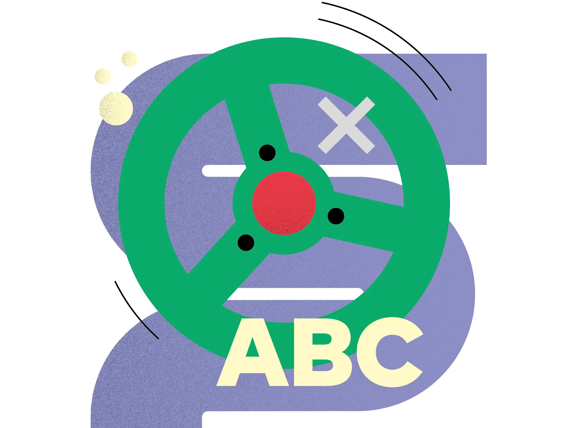 Eine abstrakte, geometrische Illustration auf weissem Hintergrund zeigt im Zentrum ein grosses grünes Steuerrad mit einer roten Mitte und drei kleinen schwarzen Punkten. Das Rad liegt über einer geschwungenen, violetten Bandstruktur und wird unten von den grossen, hellgelben Buchstaben «ABC» überlagert. Im Hintergrund sind zudem ein graues Kreuz, feine schwarze Schwunglinien und oben links drei kleine, hellgelbe Kreise zu sehen.