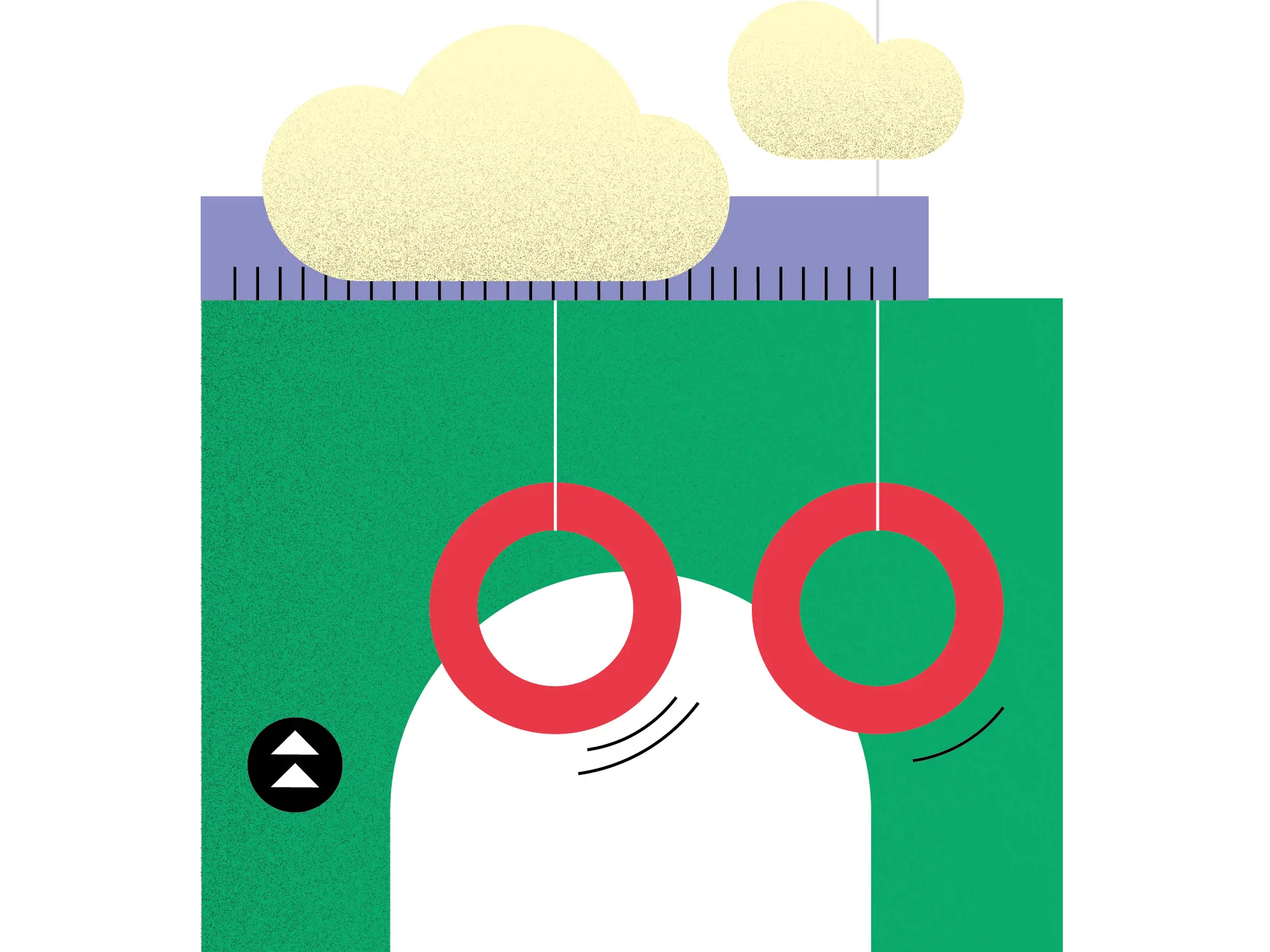 Eine abstrakte, geometrische Illustration auf weissem Hintergrund zeigt eine grosse grüne quadratische Fläche. Im Zentrum hängen an zwei dünnen, vertikalen Linien zwei leuchtend rote Ringe, die nebeneinander wie Schaukelringe wirken und durch feine Schwunglinien Bewegung andeuten. Darüber befindet sich eine violette, horizontal gestreifte Leiste, die von zwei hellen, wolkenartigen Formen in zartem Gelb teilweise überlagert wird; unten links ist zudem ein kleiner, schwarzer Kreis mit zwei weissen Aufwärtspfeilen zu sehen.