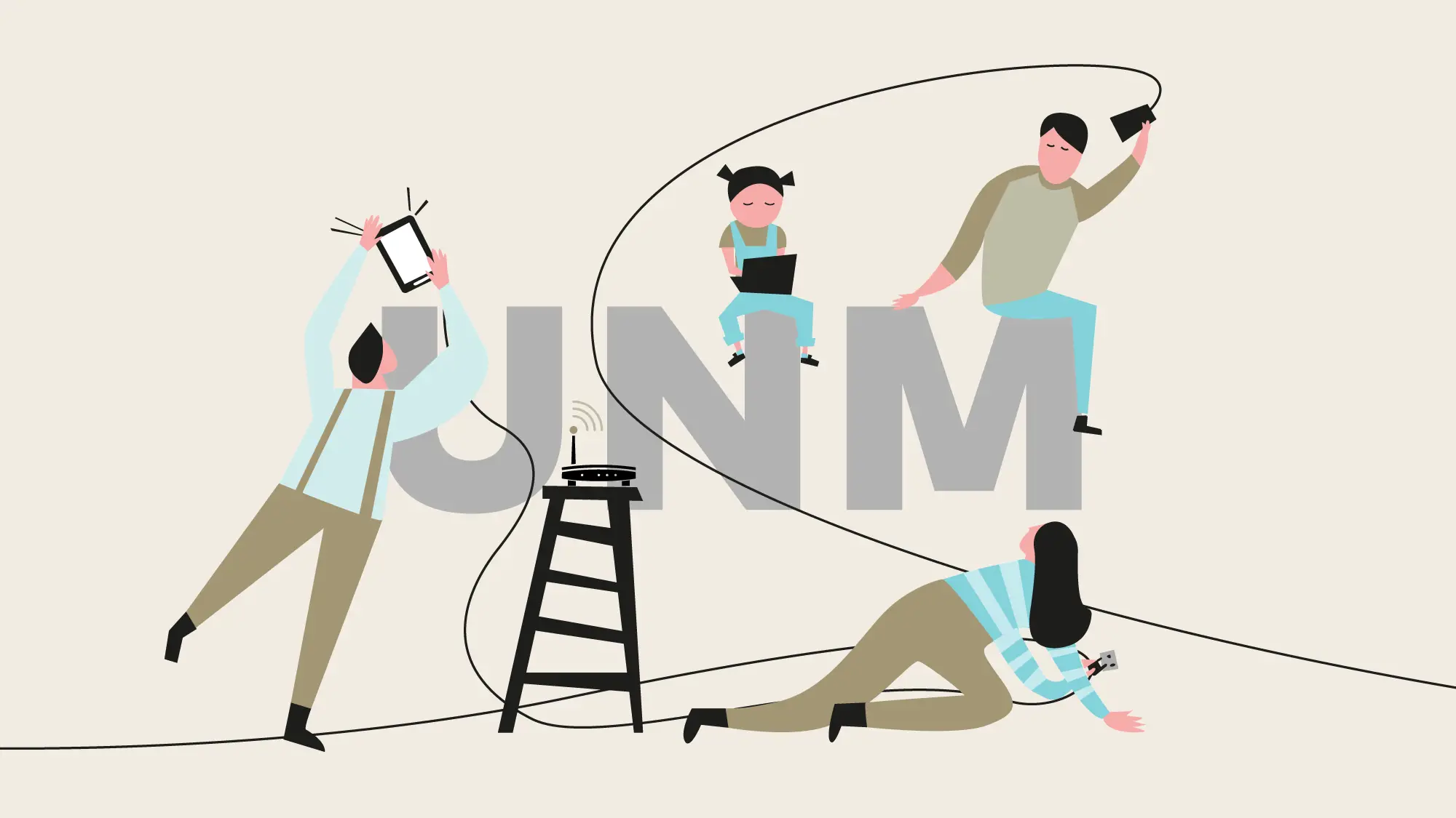 Die Illustration zeigt, vier Menschen, die sich um den Begriff "UNM" bewegen.