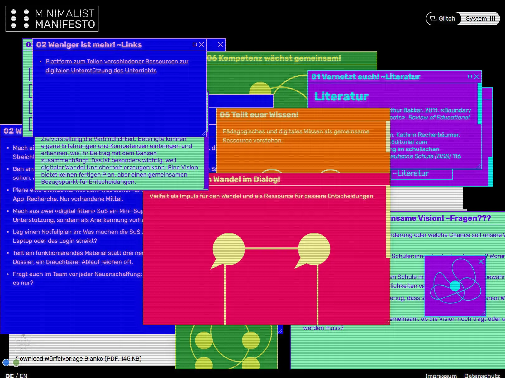 Screenshot der Website «Minimalist Manifesto» im Glitch-Modus. Zahlreiche überlappende Fenster in kräftigen Farben zeigen Slogans, Reflexionsfragen, Handlungsimpulse und Literaturhinweise zum digitalen Wandel an Schulen.