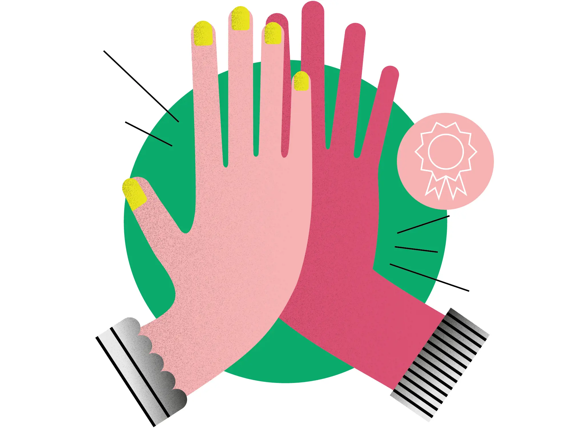 Die Illustration zeigt zwei Hände, die sich vor einem grünen kreisförmigen Hintergrund zu einem «High Five» berühren. Die linke Hand ist hellrosa mit gelben Fingernägeln und einem grau-weiss schattierten Ärmelbund mit Wellenmuster. Die rechte Hand ist dunkelrosa dargestellt, ihr Ärmelbund zeigt ein schwarz-weiss gestreiftes Muster. Rechts im Bild schwebt ein kleiner, hellrosa Kreis, in dem das weisse Umrisssymbol einer Auszeichnung mit Schleifen zu sehen ist.