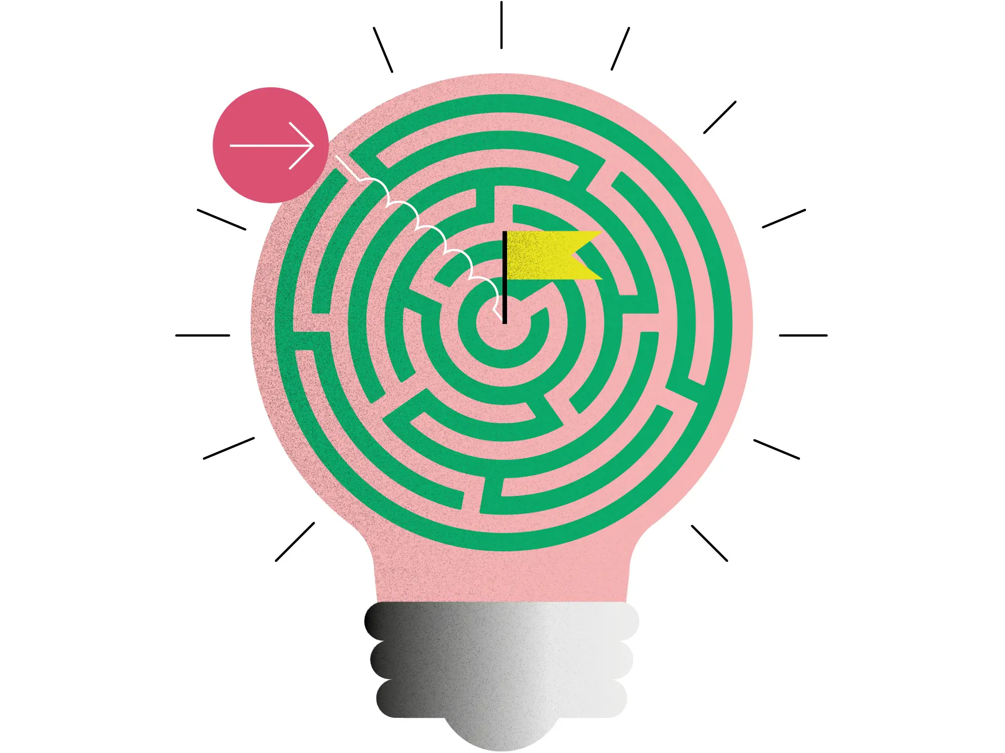 Die Illustration zeigt eine stilisierte Glühbirne auf weissem Hintergrund, deren Glaskörper als rosa Fläche dargestellt ist, in der sich ein kreisförmiges, grünes Labyrinth befindet. Ein kleiner dunkelrosa Kreis mit einem weissen Pfeil am oberen linken Rand weist auf den Eingang des Labyrinths hin, von dem aus eine feine, weisse Zickzack-Linie direkt durch die Barrieren bis ins Zentrum führt. Dort markiert eine kleine gelbe Flagge das Ziel. Kurze schwarze Striche umgeben den oberen Teil der Glühbirne wie Strahlen, während der Sockel in einem grau-weiss schattierten Farbverlauf dargestellt ist.