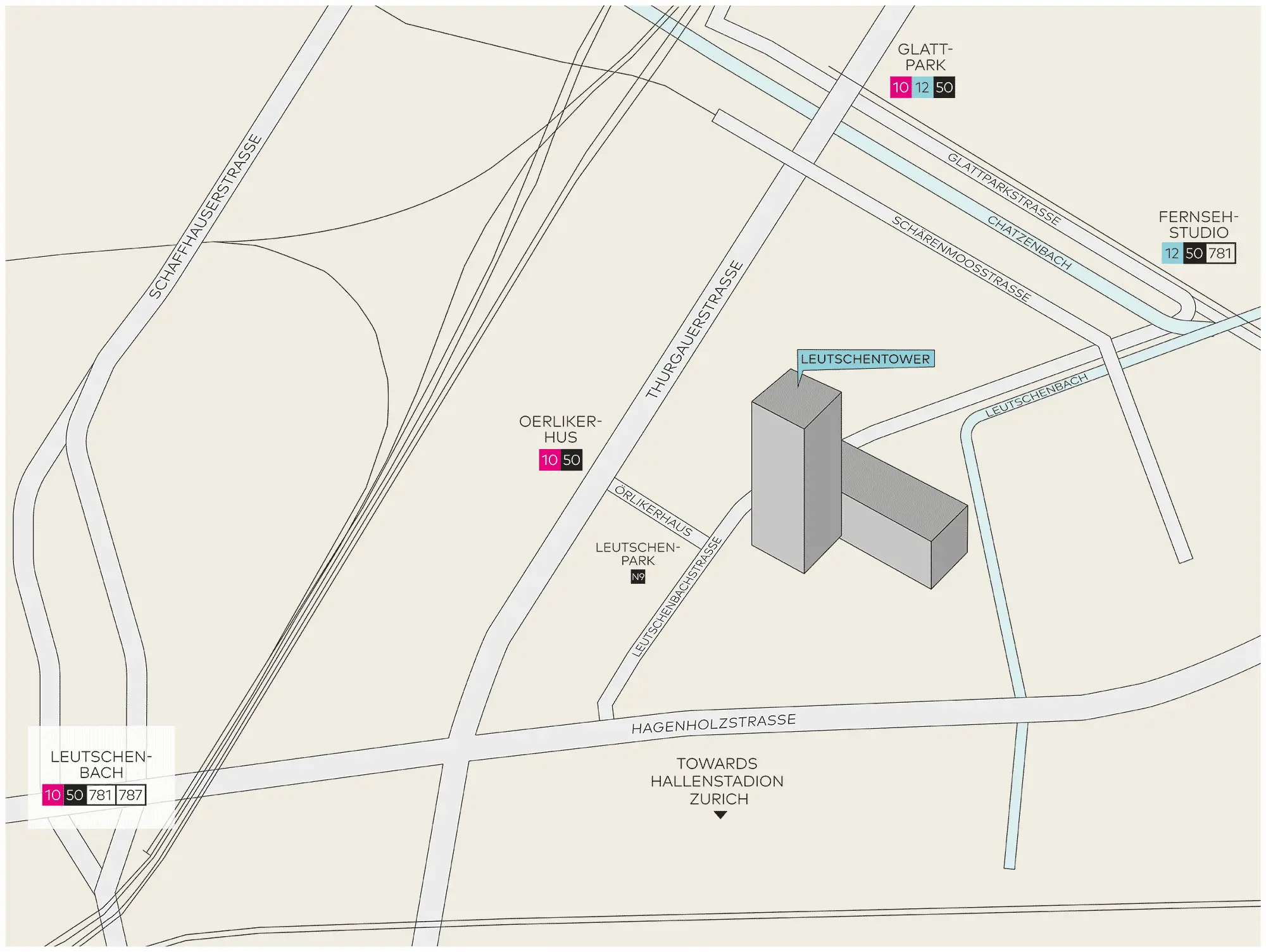 The Leutschen­tower in Zurich Oerlikon with the corresponding transport connections.