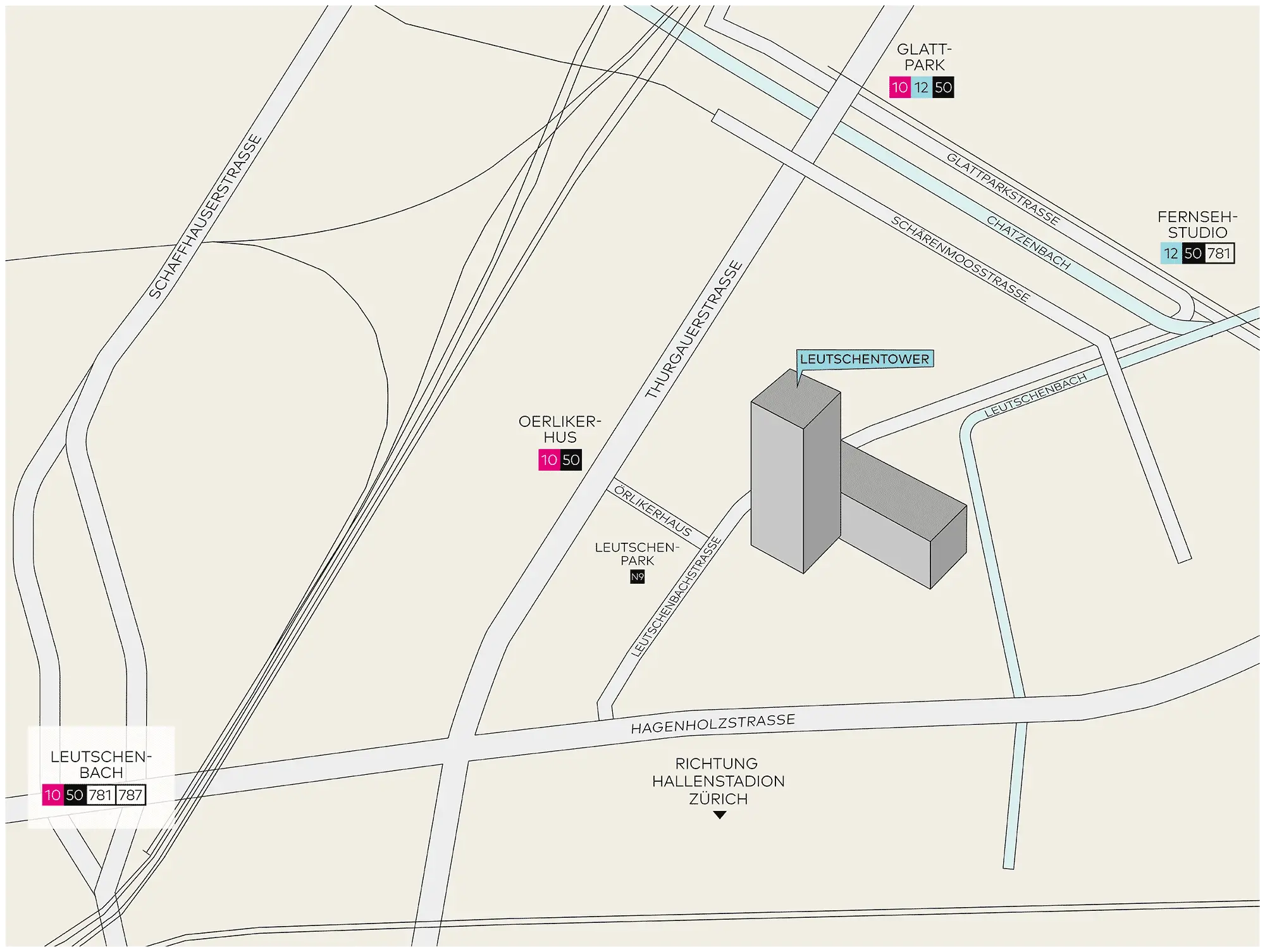 Lageplan des Leutschentowers in Zürich Oerlikon mit entsprechenden Verkehrsanbindungen.