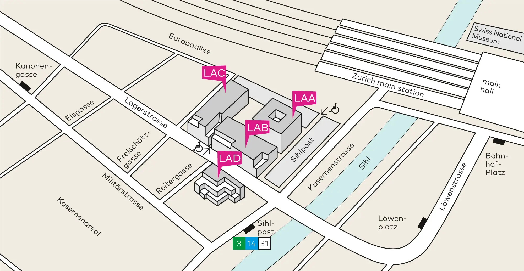 Schematic representation of the four buildings of the Zurich University of Teacher Education near the main railway station, with corresponding transport connections.