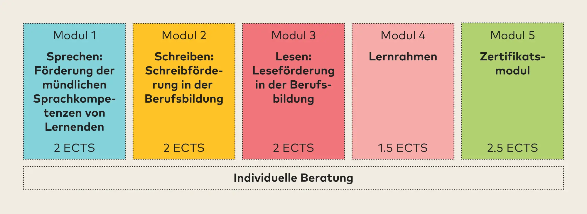 Eine Grafik mit fünf Spalten beschreibt die Modulübersicht des CAS Sprachprofi.