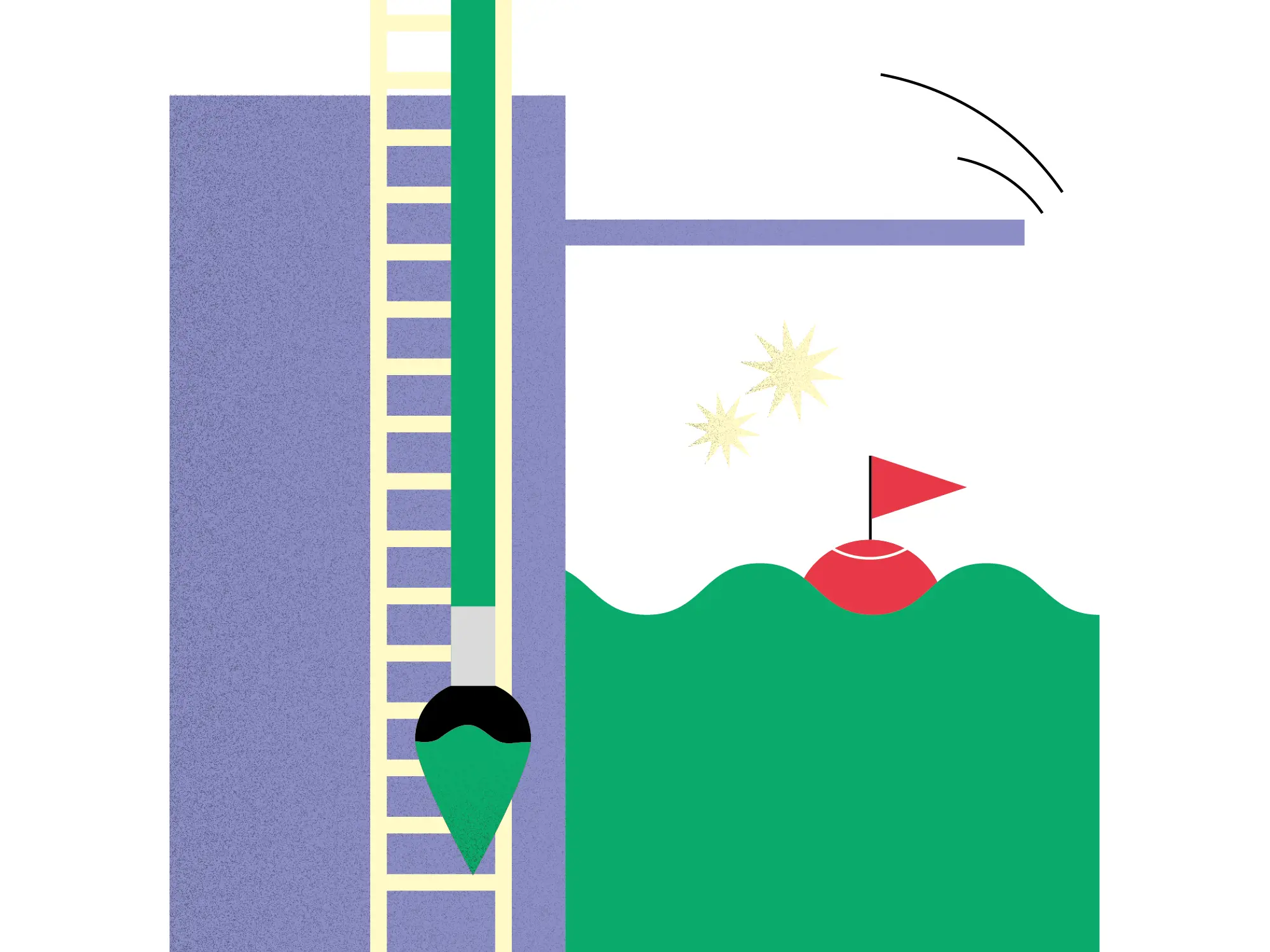Eine abstrakte, geometrische Illustration auf weissem Hintergrund kombiniert Motive eines Sprungturms und eines Pinsels. Links ragt eine grosse violette Struktur empor, an der eine gelbe Leiter lehnt; über der Leiter verläuft ein vertikaler, grüner Pinselstiel, der unten in einer grossen Pinselspitze endet. Auf der rechten Seite ragt ein violettes Sprungbrett über eine grüne, gewellte Wasserfläche, in der eine rote Boje mit einer kleinen Fahne schwimmt, während darüber zwei kleine, gelbe Sterne funkeln.