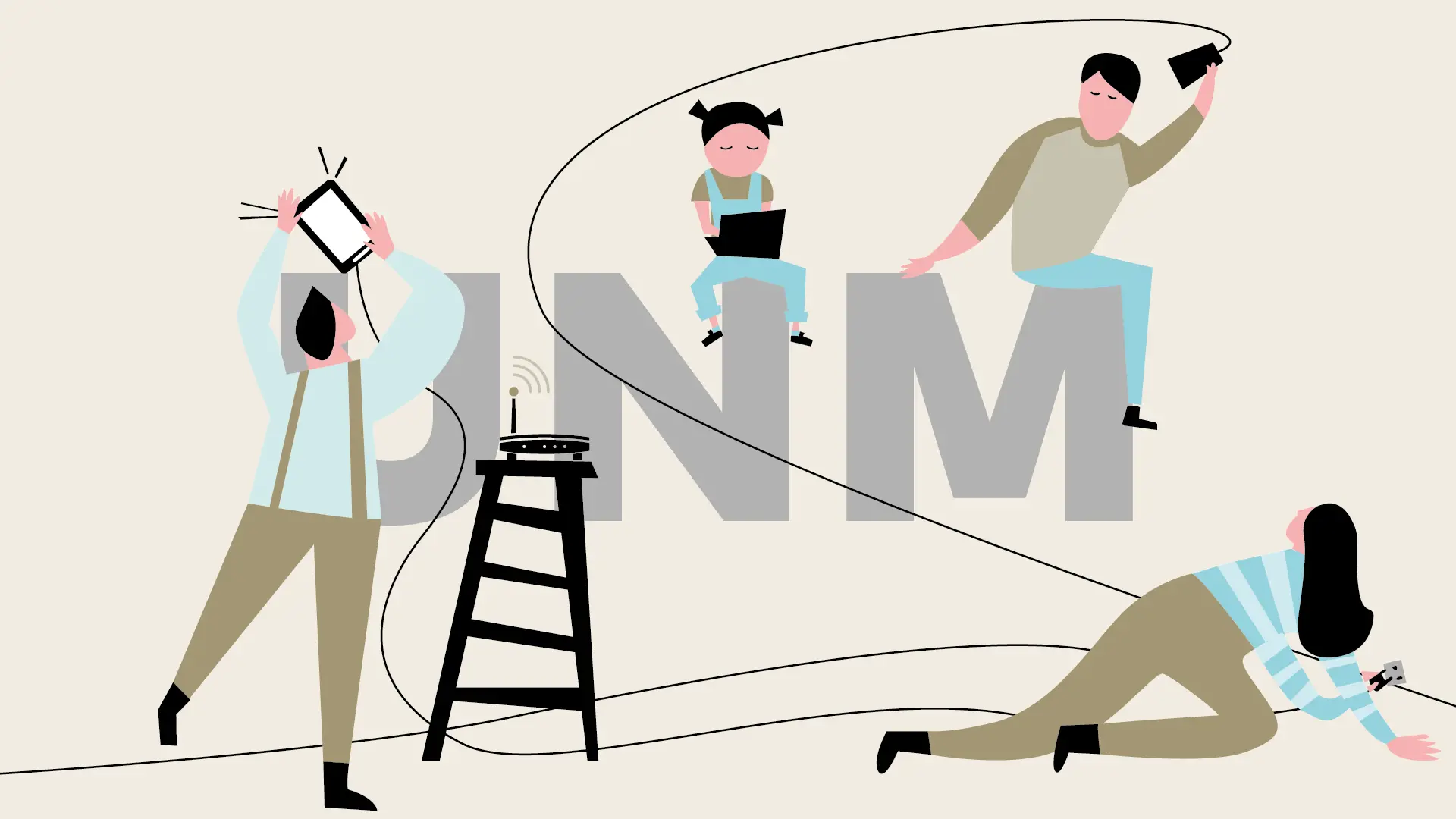 Die Illustration zeigt die Buchstaben UNM und vier illustrierte Personen.