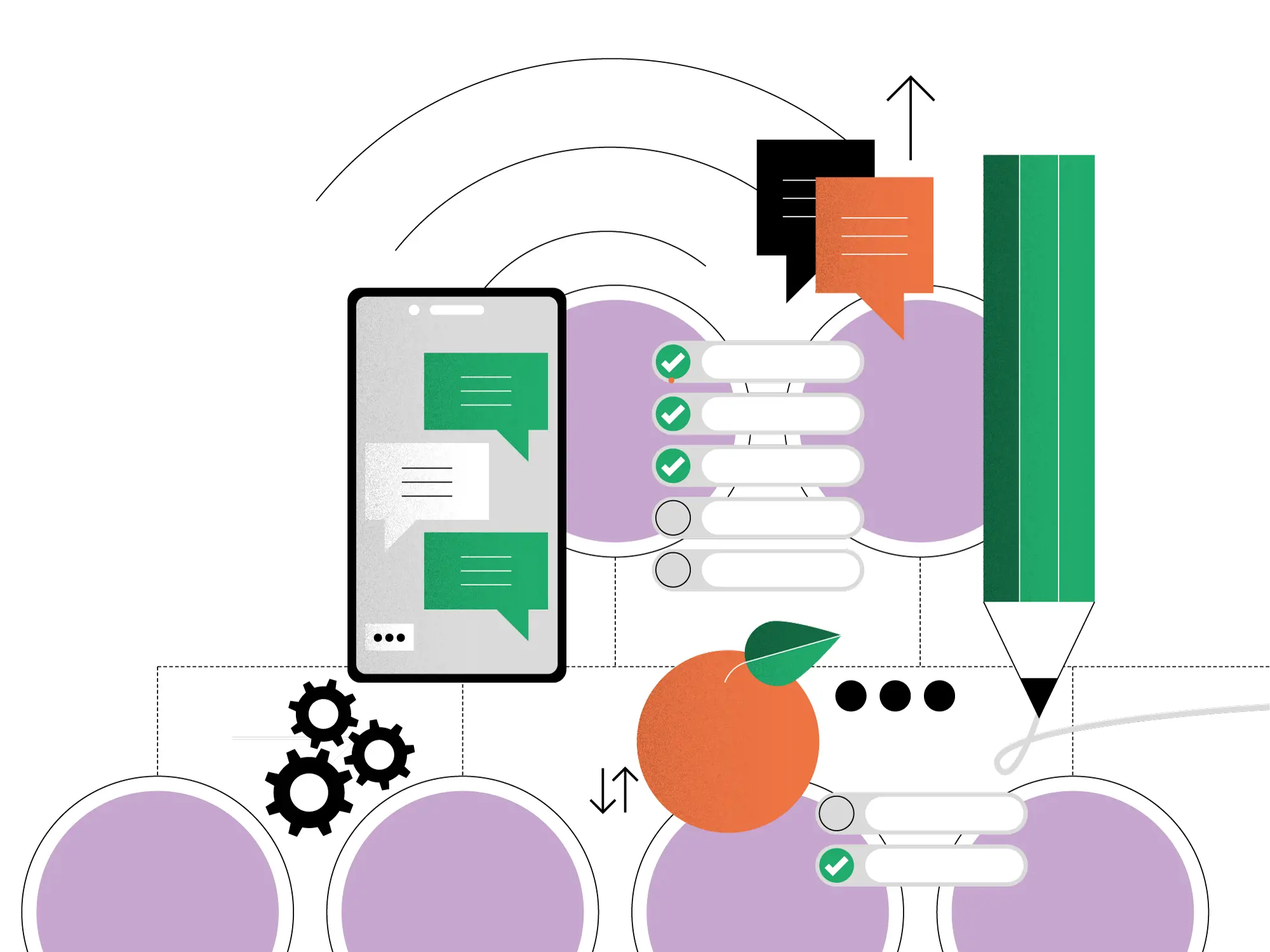Die Illustration zeigt abstrakt ein Smartphone, eine Sprechblase und grüne Häkchen, die für Kommunikation und Aufgaben stehen. Ein grosser grüner Bleistift, Zahnräder und gepunktete Linien verbinden die Elemente. In der Mitte befindet sich eine Orange.